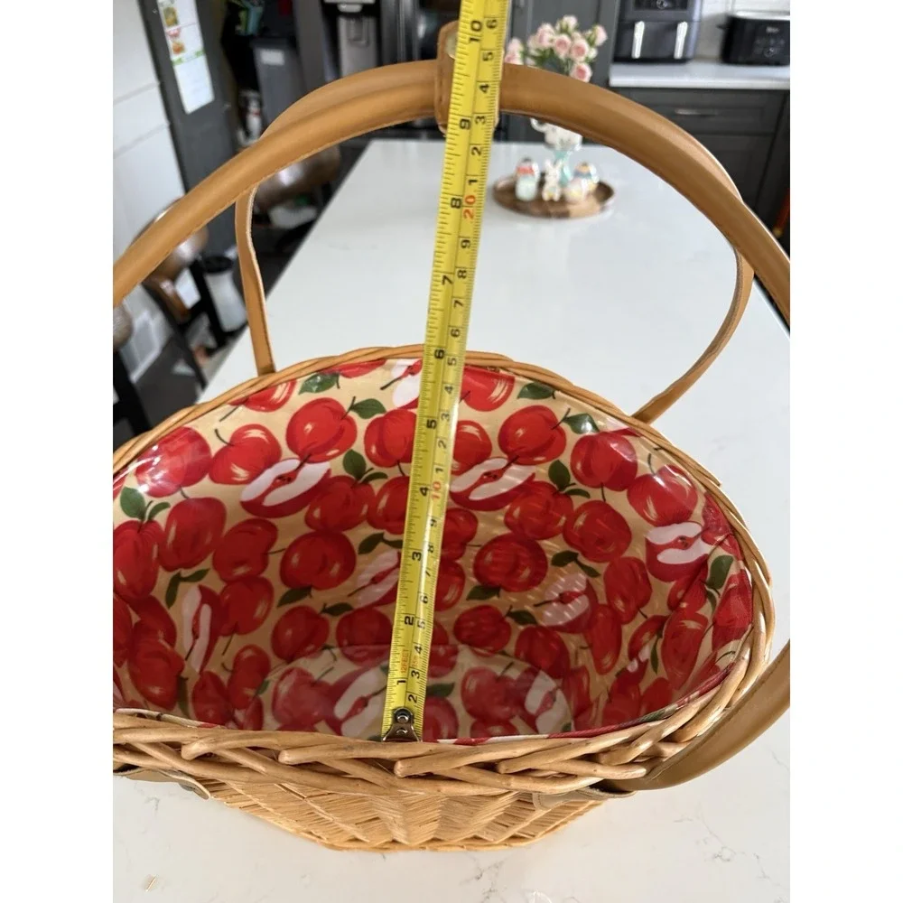 Vintage Woven Cane Oval Basket Apple Vinyl Liner Faux Leather Handles 90's EUC